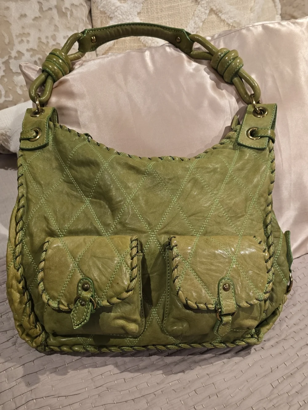 VINTAGE FIORE, Green Quilted Leather Hobo Bag with Front Pockets